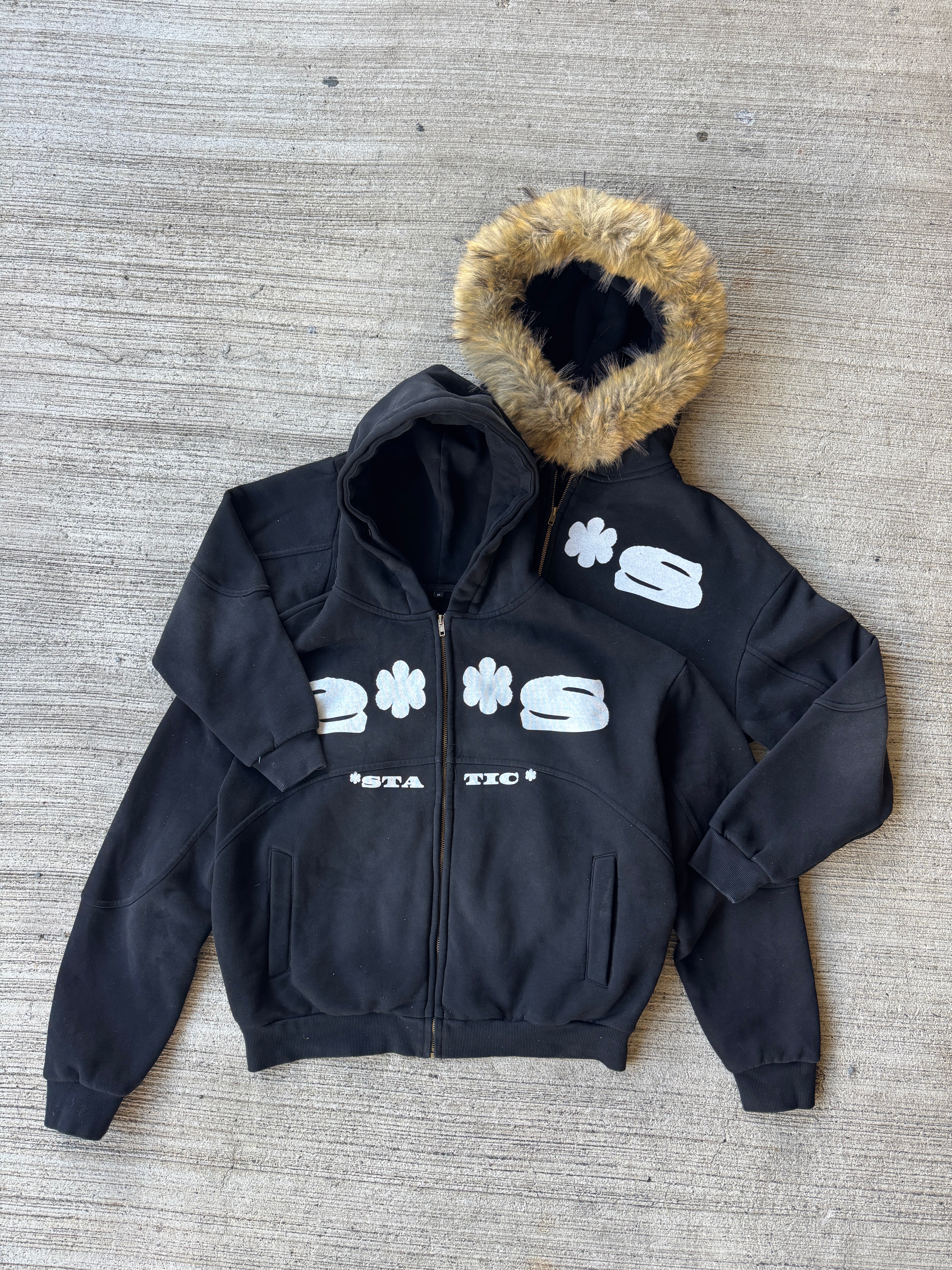 * STATIC * Sun Fade Boxy Detachable Fur Hoodie
