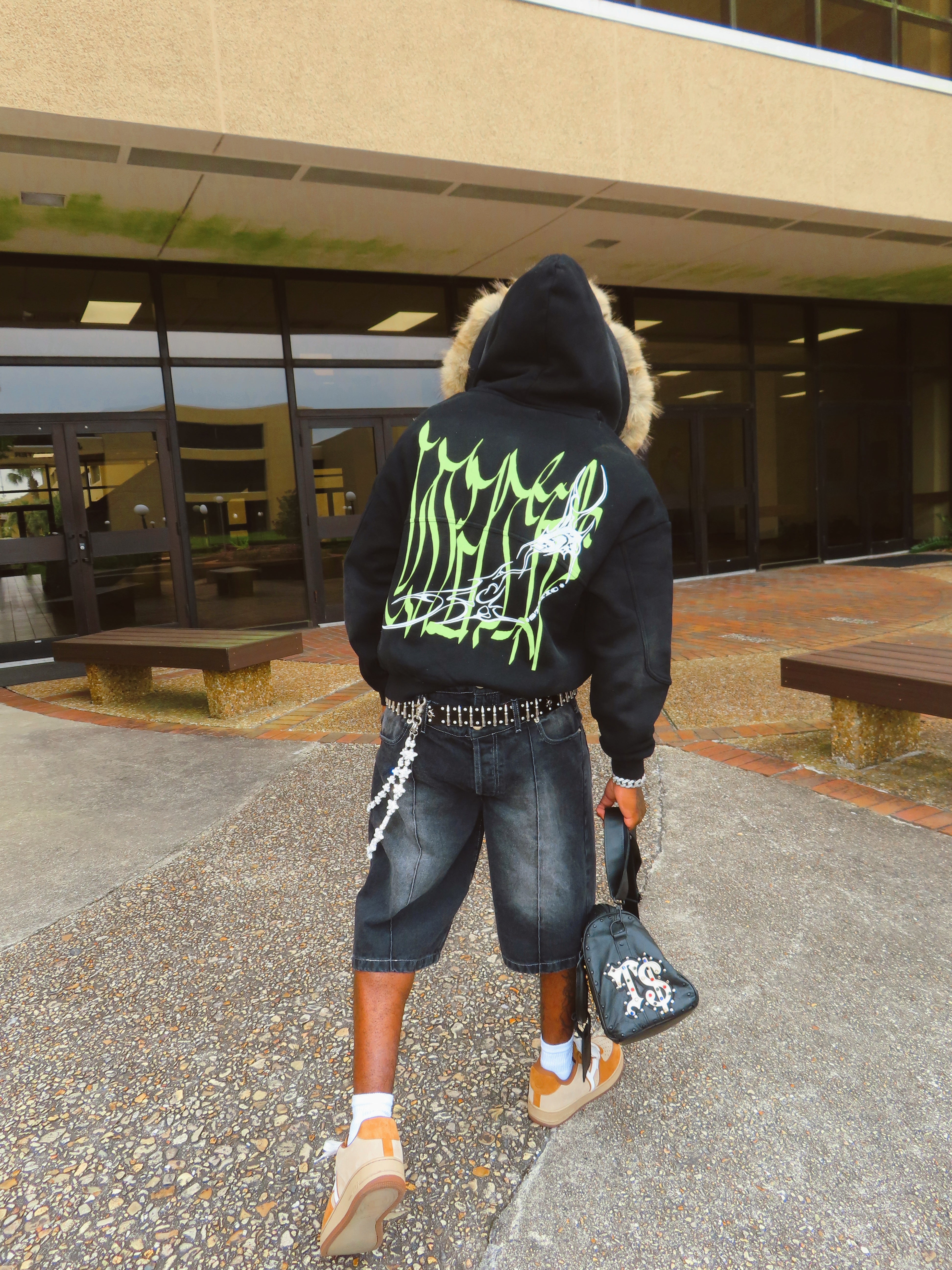 * STATIC * Sun Fade Boxy Detachable Fur Hoodie